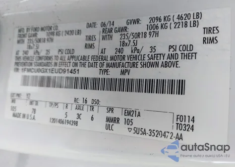 2014 Ford Escape Se from USA, damaged, VIN 1FMCU0GX1EUD91451